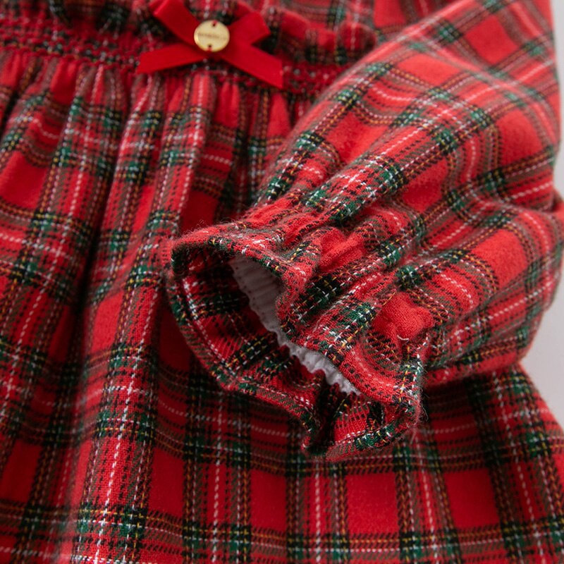 DB14876 dave bella autumn baby girl's cute bow ruched plaid print dress children fashion party dress kids infant lolita clothes