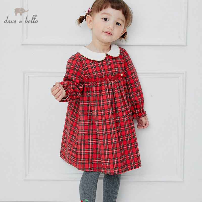 DB14876 dave bella autumn baby girl's cute bow ruched plaid print dress children fashion party dress kids infant lolita clothes