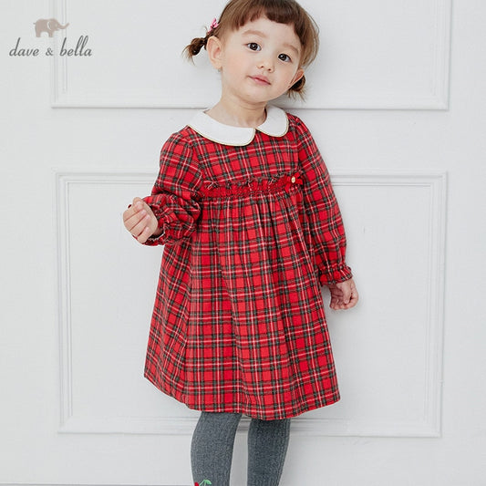 DB14876 dave bella autumn baby girl's cute bow ruched plaid print dress children fashion party dress kids infant lolita clothes