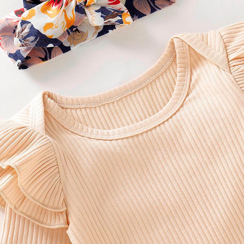 Cute Baby Girl Clothes Hot Sale Infant Long Sleeve Ruffles Solid Romper+Floral Pants+Headband Outfits Toddler Girl Clothes bebes