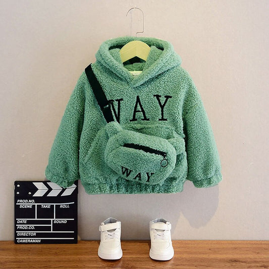 Boys Girls Sweatshirts with Bag Winter Wool Thick Children Hooded Long Sleeves Sweatshirt Unisex Warm Boy Girls Sweatshirts