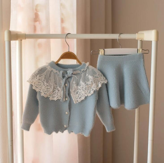 Autumn Winter Children's Sweater Set Girls' Lace Solid Color Long Sweater +Short Skirt 2PCS Girls Clothes Suit