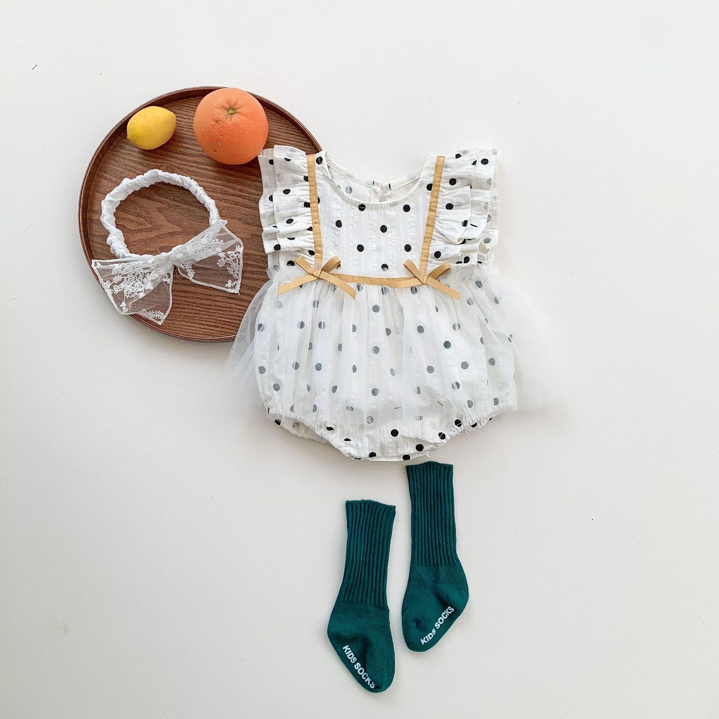 New Baby Children's Triangle Climbing Jumper Short-Sleeved White Summer One-Piece Romper Polka Dot Mesh Skirt