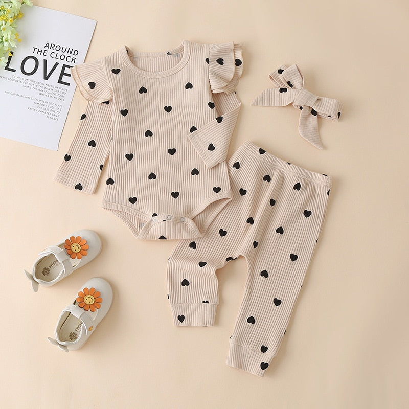 Autumn Korean Girl Casual Hang Striped Multicolor Long Sleeve Romper Love Print Three-piece Set