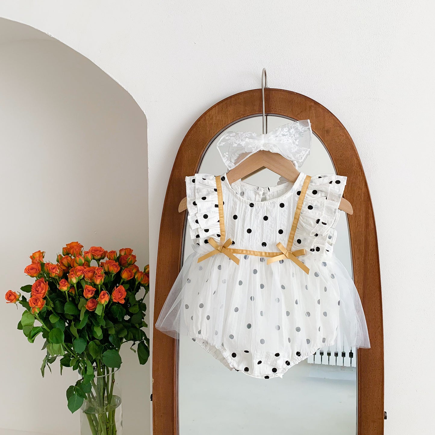 New Baby Children's Triangle Climbing Jumper Short-Sleeved White Summer One-Piece Romper Polka Dot Mesh Skirt