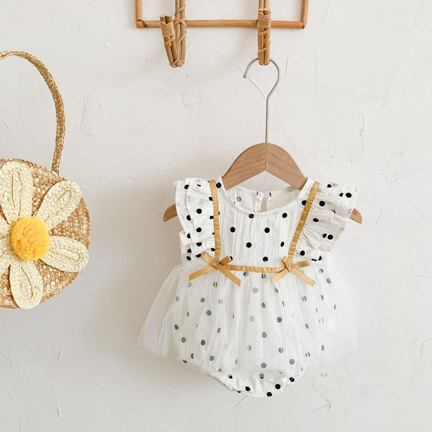 New Baby Children's Triangle Climbing Jumper Short-Sleeved White Summer One-Piece Romper Polka Dot Mesh Skirt