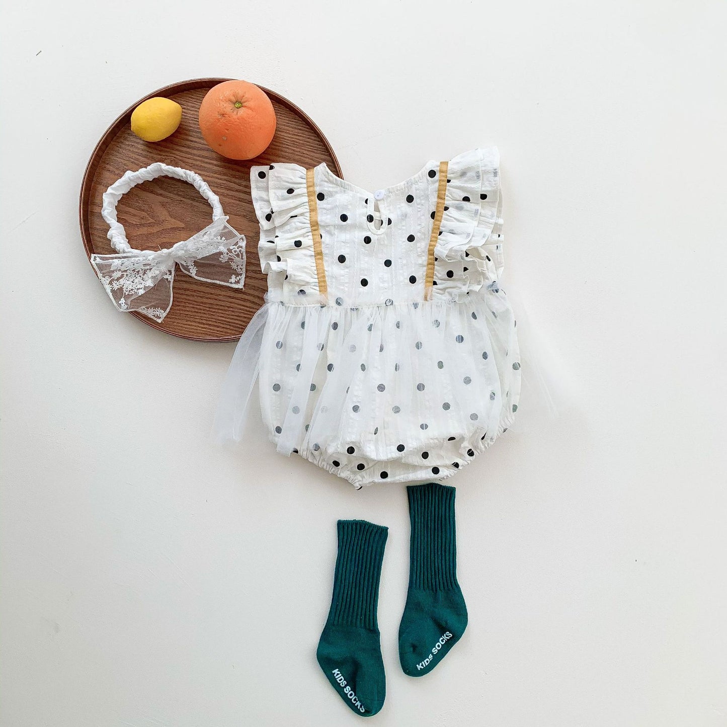 New Baby Children's Triangle Climbing Jumper Short-Sleeved White Summer One-Piece Romper Polka Dot Mesh Skirt