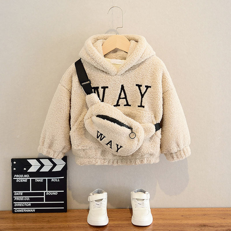 Boys Girls Sweatshirts with Bag Winter Wool Thick Children Hooded Long Sleeves Sweatshirt Unisex Warm Boy Girls Sweatshirts